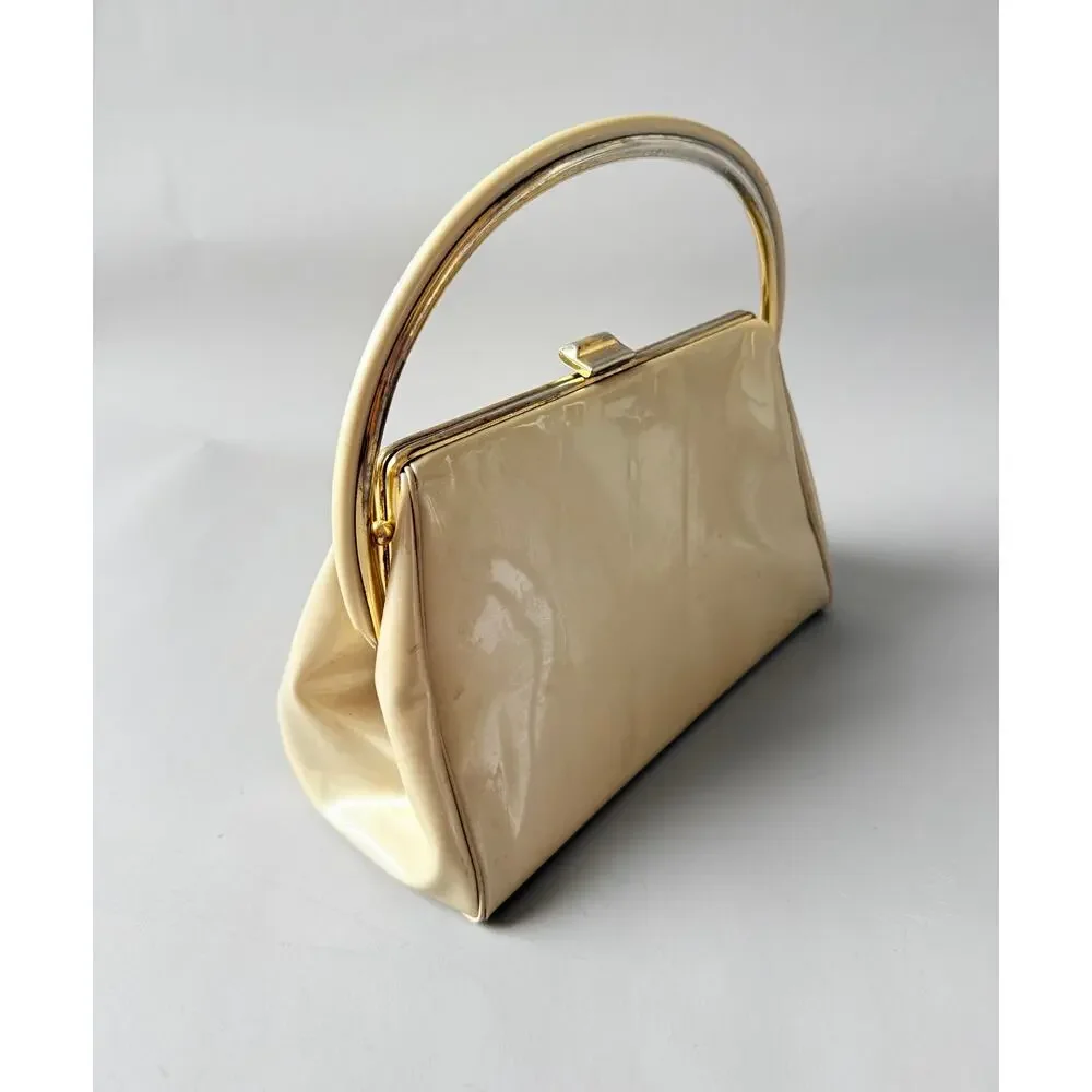 50s Structured Box Bag Cream Vinyl Gorgeous Hardware Handle Mid-Century Mad Men